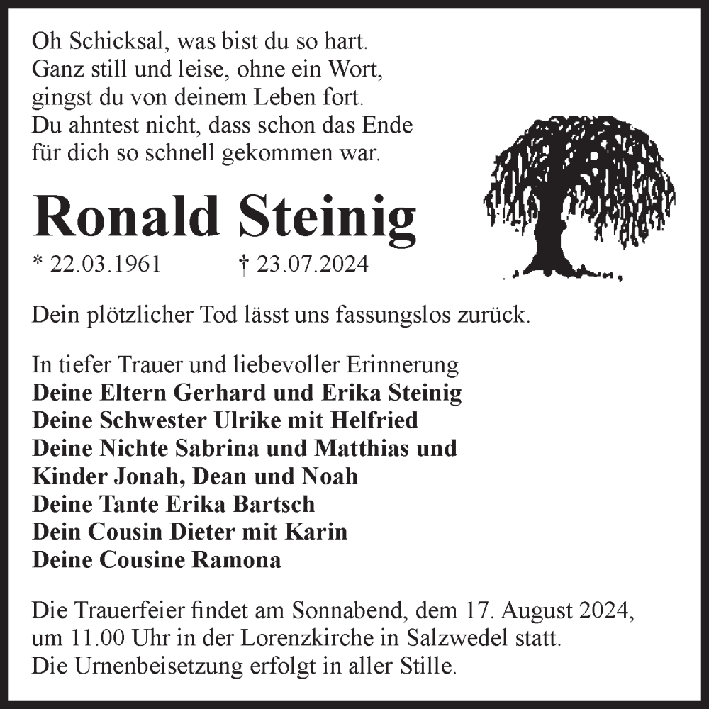  Traueranzeige für Ronald Steinig vom 07.08.2024 aus Volksstimme Altmark West