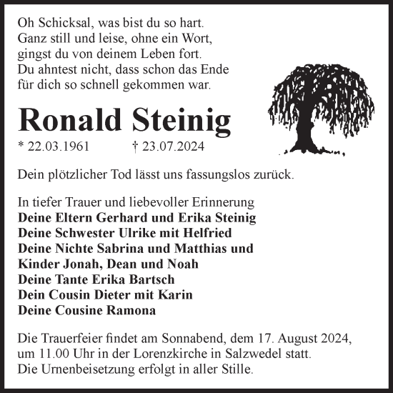 Traueranzeige von Ronald Steinig von Volksstimme Altmark West