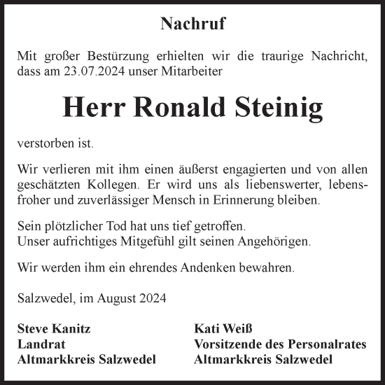 Traueranzeige von Ronald Steinig von Volksstimme Altmark West
