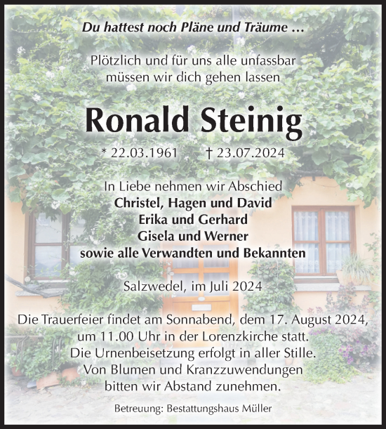 Traueranzeige von Ronald Steinig von Volksstimme Altmark West