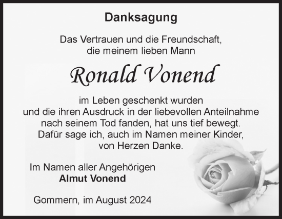Traueranzeige von Ronald Vonend von Volksstimme Burg/Genthin