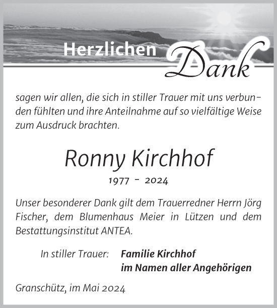 Traueranzeige von Ronny Kirchhof von Trauerkombi Weißenfels