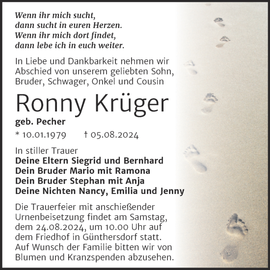 Traueranzeige von Ronny Krüger von Mitteldeutsche Zeitung Merseburg/Querfurt