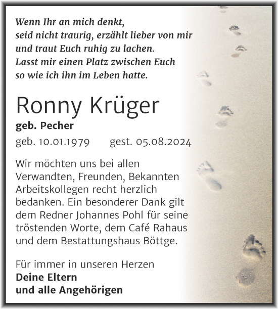 Traueranzeige von Ronny Krüger von Trauerkombi Merseburg