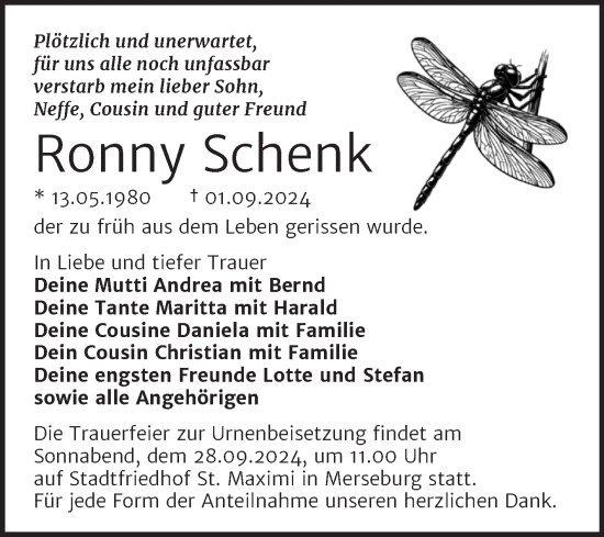 Traueranzeige von Ronny Schenk von Trauerkombi Merseburg