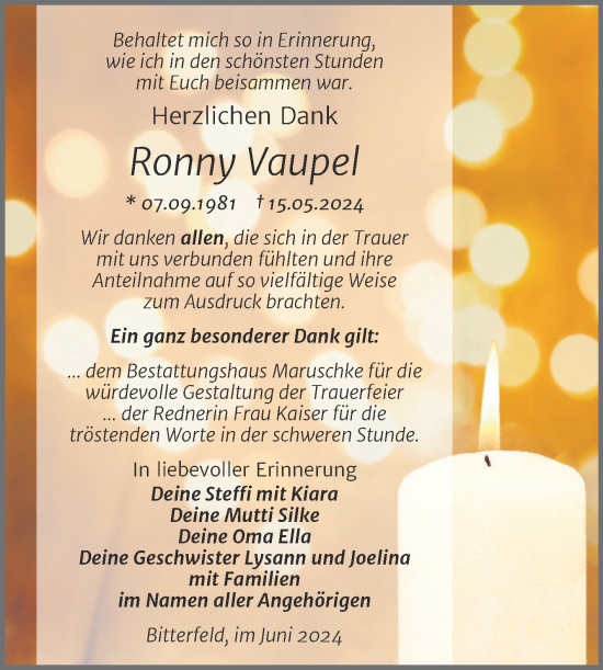 Traueranzeige von Ronny Vaupel von Trauerkombi Bitterfeld