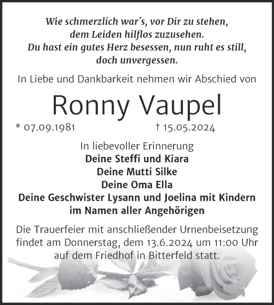 Traueranzeige von Ronny Vaupel von Trauerkombi Bitterfeld