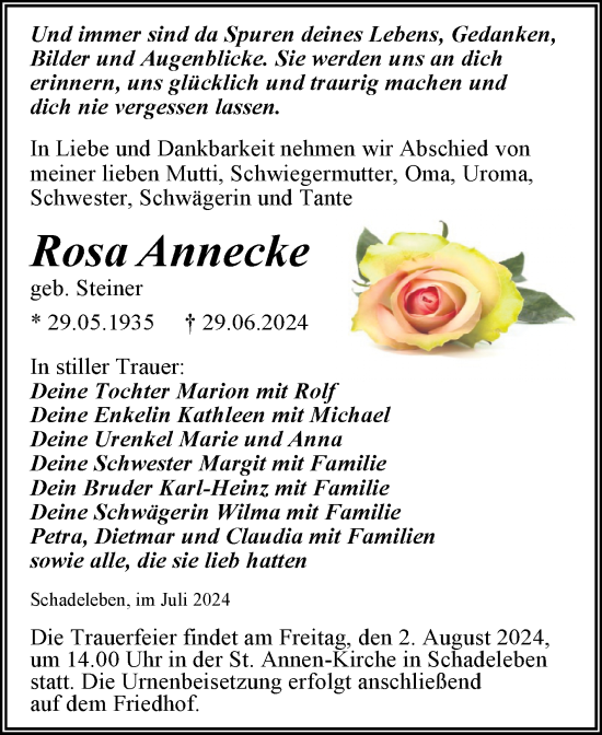 Traueranzeige von Rosa Annecke von Trauerkombi Aschersleben