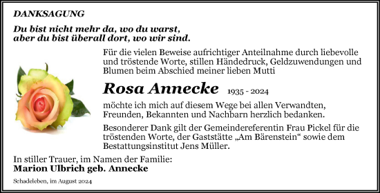 Traueranzeige von Rosa Annecke von Trauerkombi Aschersleben
