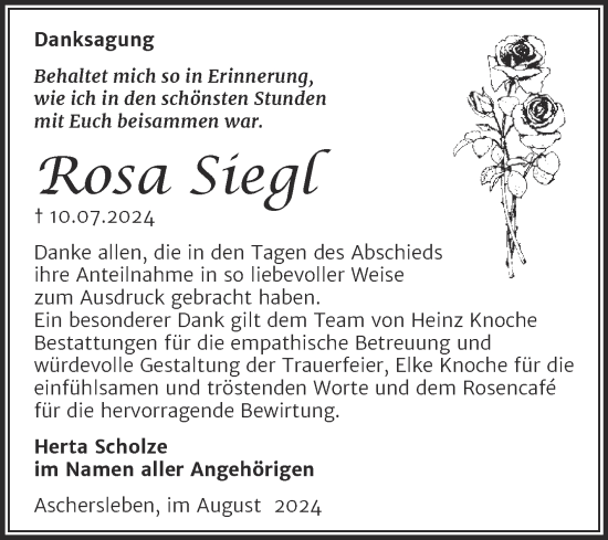 Traueranzeige von Rosa Siegl von Trauerkombi Aschersleben