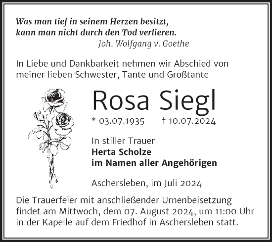 Traueranzeige von Rosa Siegl von Super Sonntag Aschersleben