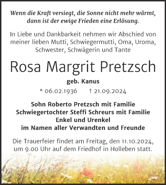 Traueranzeige von Rosa Margrit Pretzsch von Mitteldeutsche Zeitung Halle/Saalkreis