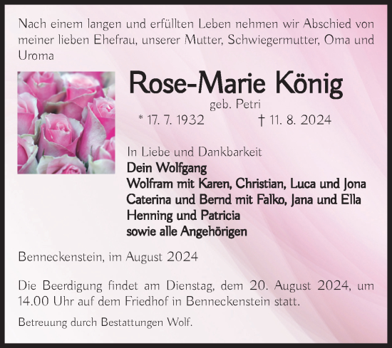Traueranzeige von Rose-Marie König von Volksstimme Wernigerode