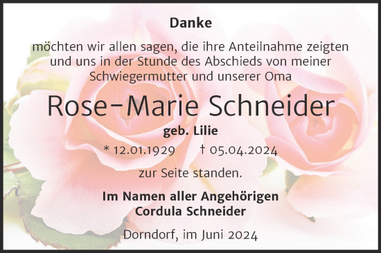 Traueranzeige von Rose-Marie Schneider von Super Sonntag Naumburg/Nebra