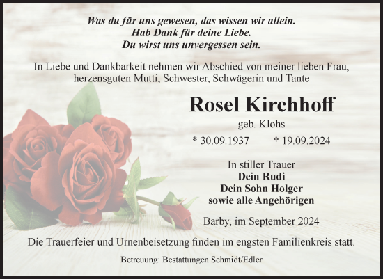 Traueranzeige von Rosel Kirchhoff von Volksstimme Schönebeck