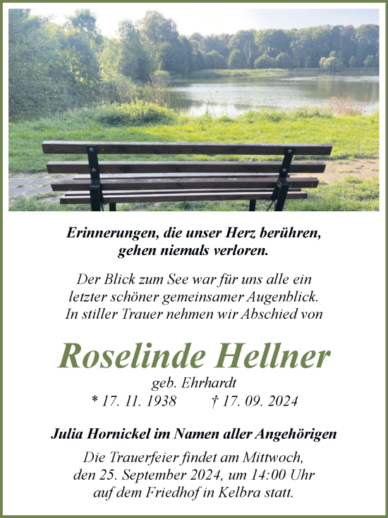 Traueranzeige von Roselinde Hellner von Mitteldeutsche Zeitung Sangerhausen