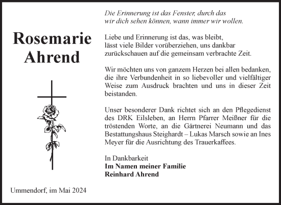 Traueranzeige von Rosemarie Ahrend von Volksstimme Oschersleben/Wanzleben