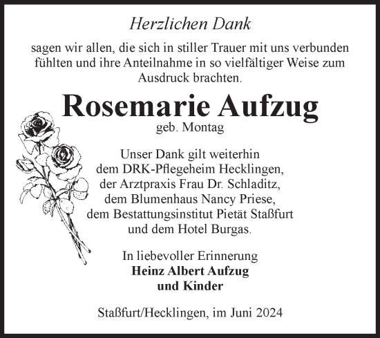 Traueranzeige von Rosemarie Aufzug von Volksstimme Staßfurt