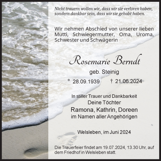 Traueranzeige von Rosemarie Berndt von Volksstimme Schönebeck