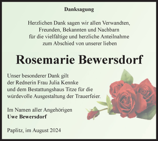 Traueranzeige von Rosemarie Bewersdorf von Volksstimme Burg/Genthin