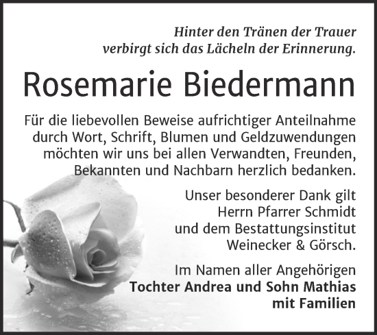 Traueranzeige von Rosemarie Biedermann von Trauerkombi Bernburg