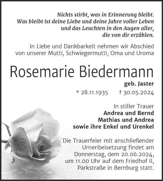 Traueranzeige von Rosemarie Biedermann von Trauerkombi Bernburg