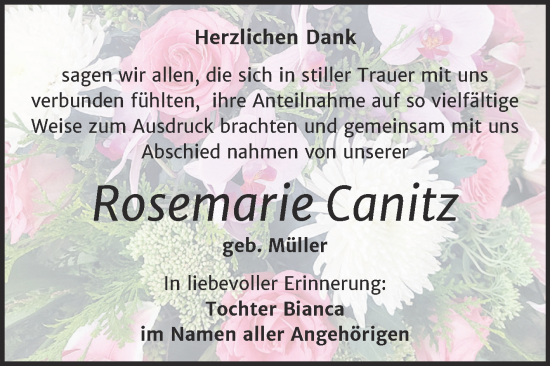 Traueranzeige von Rosemarie Canitz von Trauerkombi Merseburg