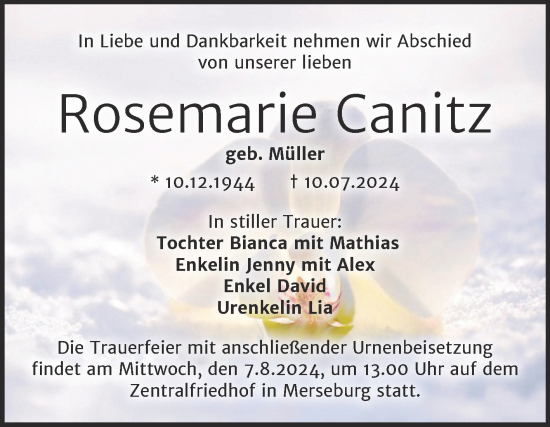 Traueranzeige von Rosemarie Canitz von Trauerkombi Merseburg