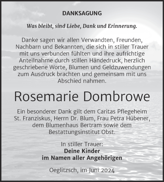 Traueranzeige von Rosemarie Dombrowe von Trauerkombi Weißenfels