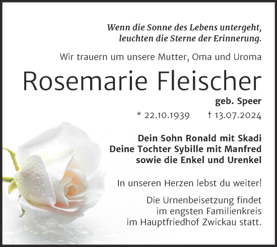 Traueranzeige von Rosemarie Fleischer von Mitteldeutsche Zeitung Bitterfeld