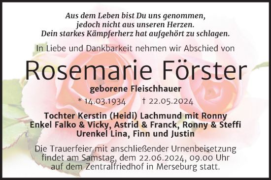 Traueranzeige von Rosemarie Förster von Trauerkombi Merseburg