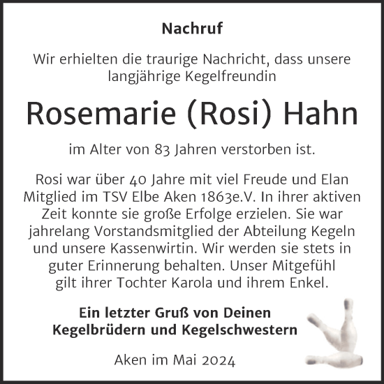 Traueranzeige von Rosemarie Hahn von Super Sonntag Köthen