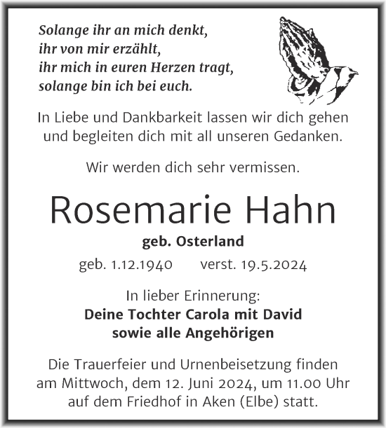 Traueranzeige von Rosemarie Hahn von Trauerkombi Köthen