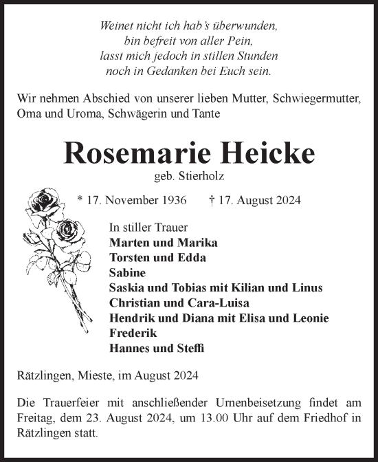 Traueranzeige von Rosemarie Heicke von Volksstimme Haldensleben/Wolmirstedt