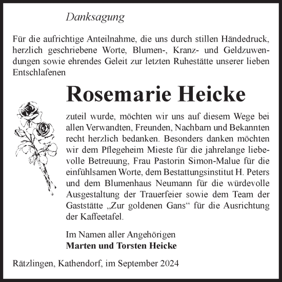 Traueranzeige von Rosemarie Heicke von Volksstimme Altmark West