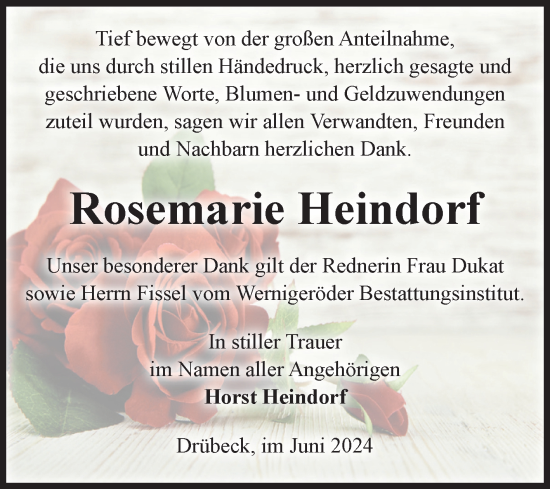 Traueranzeige von Rosemarie Heindorf von Volksstimme Wernigerode