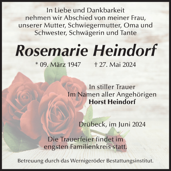 Traueranzeige von Rosemarie Heindorf von Volksstimme Wernigerode