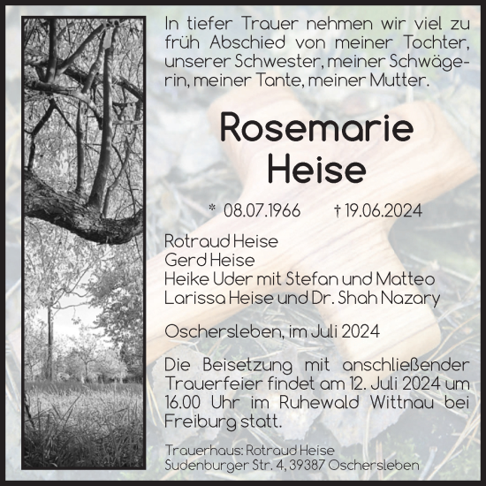 Traueranzeige von Rosemarie Heise von Volksstimme Oschersleben/Wanzleben
