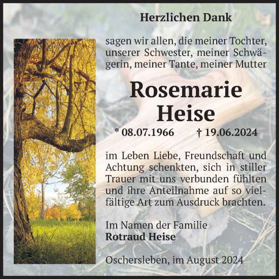 Traueranzeige von Rosemarie Heise von Volksstimme Oschersleben/Wanzleben