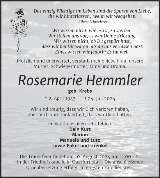 Traueranzeige von Rosemarie Hemmler von Trauerkombi Merseburg