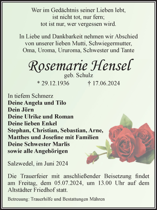 Traueranzeige von Rosemarie Hensel von Volksstimme Altmark West