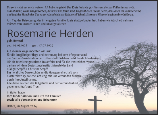 Traueranzeige von Rosemarie Herden von Trauerkombi Mansfelder Land
