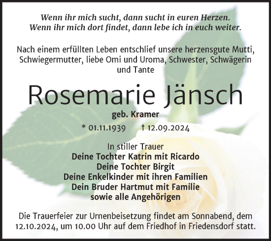 Traueranzeige von Rosemarie Jänsch von Trauerkombi Merseburg