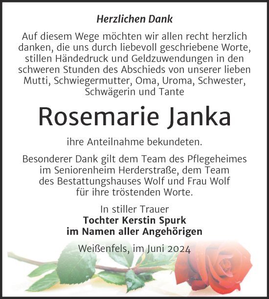 Traueranzeige von Rosemarie Janka von Trauerkombi Weißenfels
