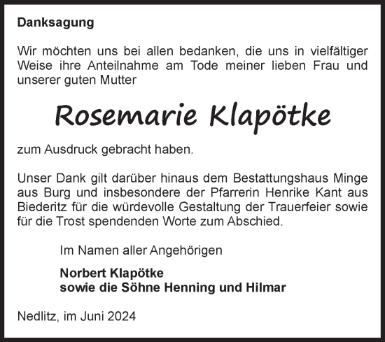Traueranzeige von Rosemarie Klapötke von Volksstimme Burg/Genthin