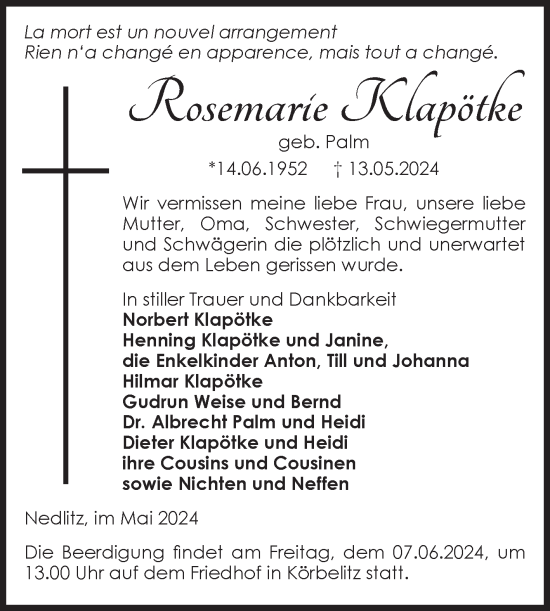 Traueranzeige von Rosemarie Klapötke von Volksstimme Burg/Genthin