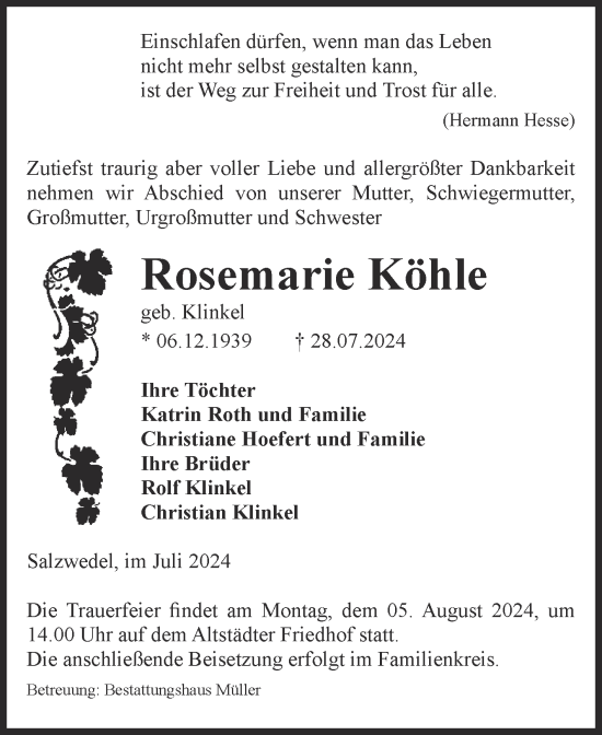 Traueranzeige von Rosemarie Köhle von Volksstimme Altmark West