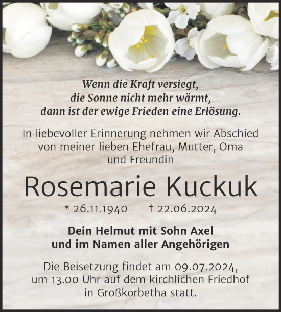 Traueranzeige von Rosemarie Kuckuk von Trauerkombi Weißenfels