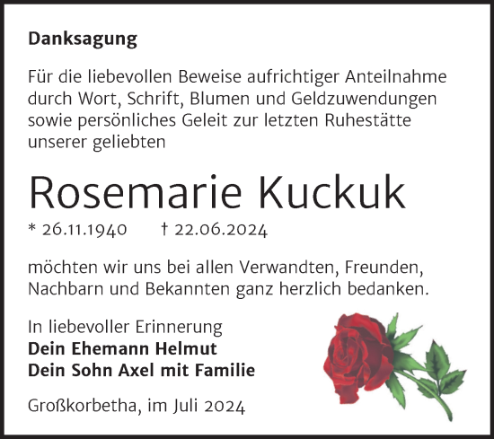 Traueranzeige von Rosemarie Kuckuk von Trauerkombi Weißenfels