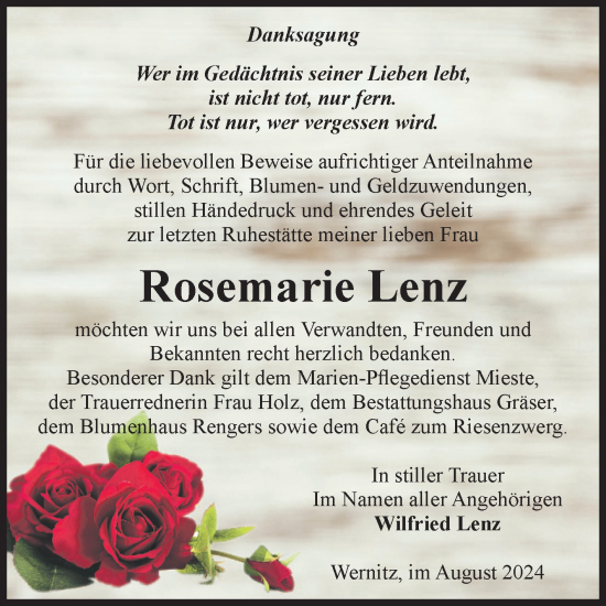 Traueranzeige von Rosemarie Lenz von Volksstimme Altmark West